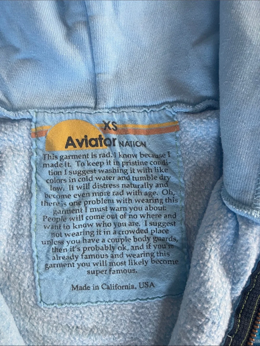 Aviator Nation Light Blue Zip-Up Hoodie with Blue Stripe Chest - Picture 2 of 3